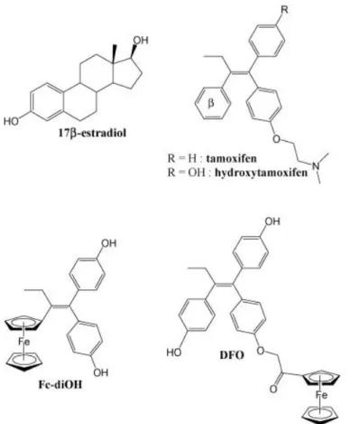 Fig.  1.  Structures  of  Fc-diOH  and  DFO  as  compared  to  4-hydroxy-tamoxifen  (4-OH-Tam)  and 17β-estradiol (E 2 )