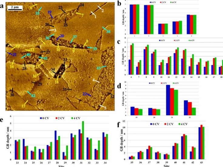 Figure 4. Identi ﬁ cation of early stage intergranular corrosion behavior of microcrystalline copper sites in 10 mM HCl(aq) + 0.1 mM MBT: (a) Topographic ECSTM image with grain boundary sites labelled 1 to 43; (b) Bar graph of the depth measured across the