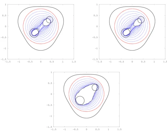 Fig. 5.5. Reconstructed obstacle O 2 with complete Cauchy data. Top: data are obtained from Dirichlet data g 1 D without noise (left) and with noisy data of amplitude δ = 0.1 (right)