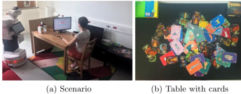 Fig. 1: (a) Scenario used in the experiment; (b) Table with cards used as a negative motivation.