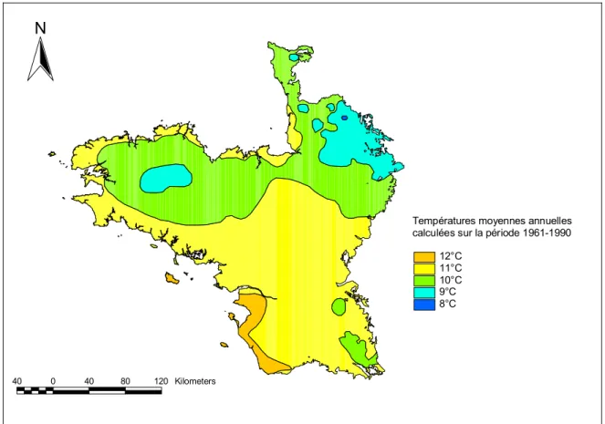 Fig. 8. Carte des températures moyennes annuelles, vectorisées, calculées sur la période 1961-1990 sur le Massif  armoricain (méthode AURHELY de MétéoFrance) (d’après MétéoFrance, 1998)