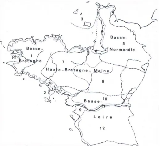 Fig. 10. Carte présentant les subdivisions phytogéographiques du Massif armoricain en districts et sous-districts
