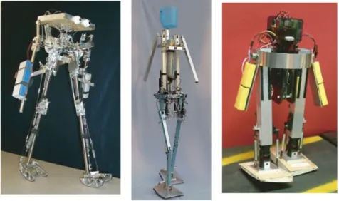 Figure 2.8 – Passive dynamics research. Three level-ground powered walking robots based on the ramp-walking designs (Collins et al