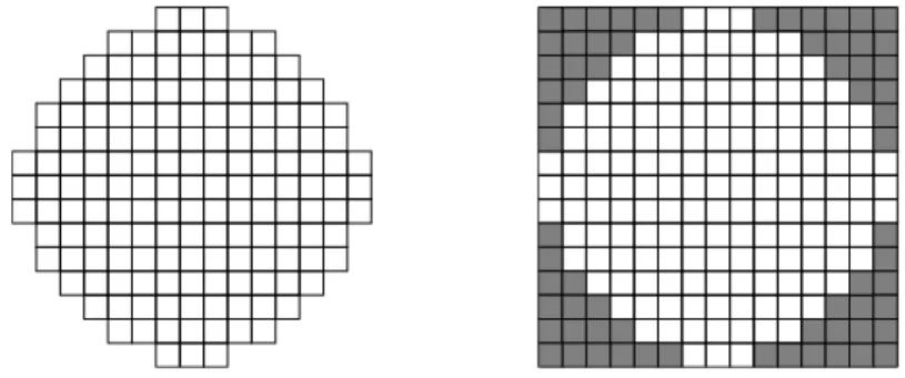 Fig. 4.1 – Exemple de g´ eom´ etrie de calcul, en maillage cart´ esien, compl´ et´ ee pour former un rectangle (d´ ecoup´ ee ` a gauche, compl´ et´ ee ` a droite).