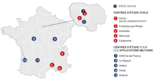 Figure 2.2 – Carte des diﬀérents centres CEA en France.