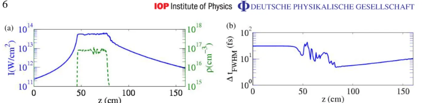 Figure 1. Typical simulation results for filamentation of a 0.9 mJ, 40 fs, 800 nm laser pulse in a 0.8 atm argon gas cell