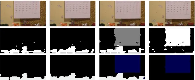 Figure 3.29: Cartes de segmentation pour New Mobile and Calendar (segments 50 à 53) : segmentation basée mouvement (ligne du milieu) et approche markovienne (ligne du bas).