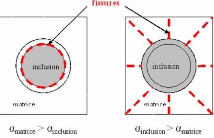 Figure 1.9 : Schémas de fissuration dans un milieu matrice-inclusion adaptés de Hettema (1996)