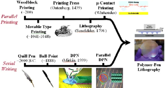Figure 1-9 Perspective historique du développement de la technique « Polymer-Pen lithography » [58]