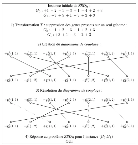Figure 3.7 – Exemple de construction et de résolution de ZBD M . Les segments en pointillé correspondent aux segments d’une solution pour ce diagramme de couplage (i.e