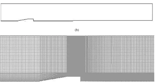 Fig. 6. (a) Numerical domain used for the computations representing the exact geometry of the experimental set-up; (b) numerical grid used for the computations (43 000 cells)