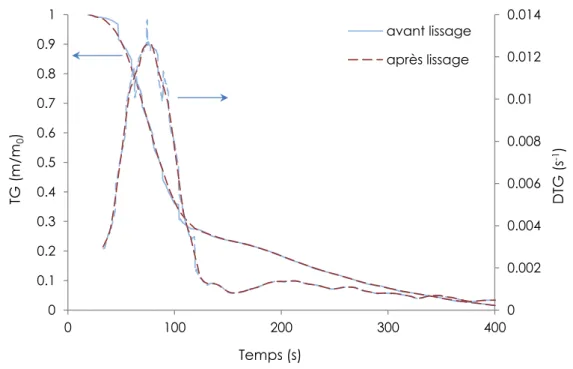 Figure 2.9 : Exemple de courbes TG et DTG pour un essai ATG Mines-Albi, sans et avec lissage.