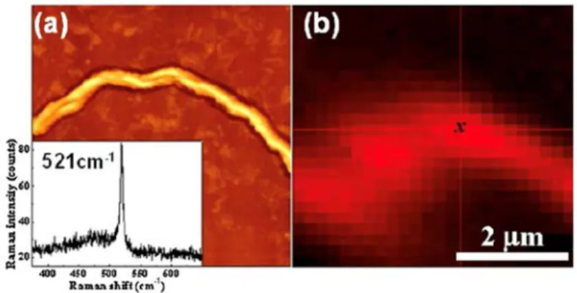 Fig. 18. (a) AFM image of a single SiNW with vertical scale from black to white of 160 nm,  and (b) its corresponding crystalline Si Raman peak signal mapping (integrated in the spectral 