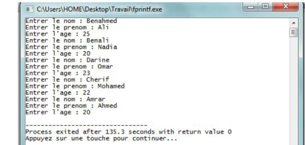 Figure 2.12  Exemple d'écriture d'un tableau de structure dans un chier texte en utilisant la fonction fprintf.