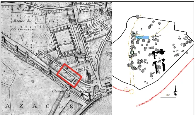 Fig. 2. Emprise approximative du site archéologique en trait rouge plan Jouvin Rochefort vers  1680 (Toulouse Musée Dupuy) et localisation des fosses-dépotoirs médiévales sur l’emprise  de fouilles