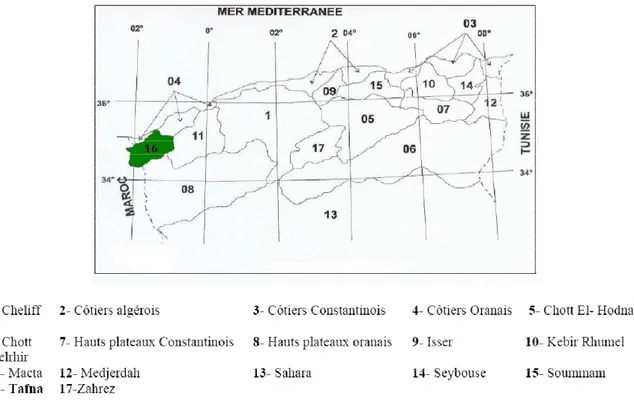 Figure  II -3 : Situation géographique du bassin de la Tafna dans l’ensemble Oranie  Chott Chergui