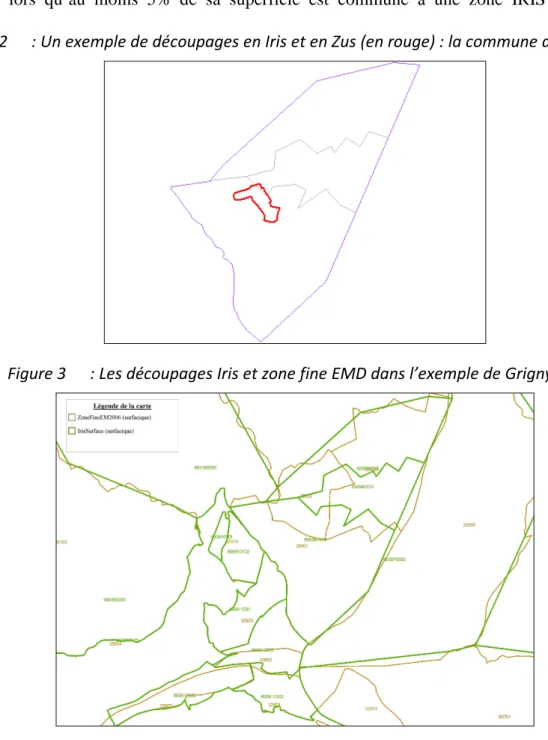 Figure 2  : Un exemple de découpages en Iris et en Zus (en rouge) : la commune de Grigny 