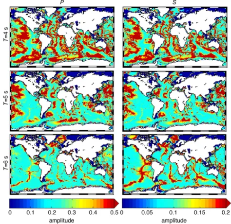 Figure 4. Maps of the ocean site-effect coefficients c P (left-hand column) and c S (right-hand column) as a function of the period: 4 s (first row), 5 s (second row) and 6 s (third row)