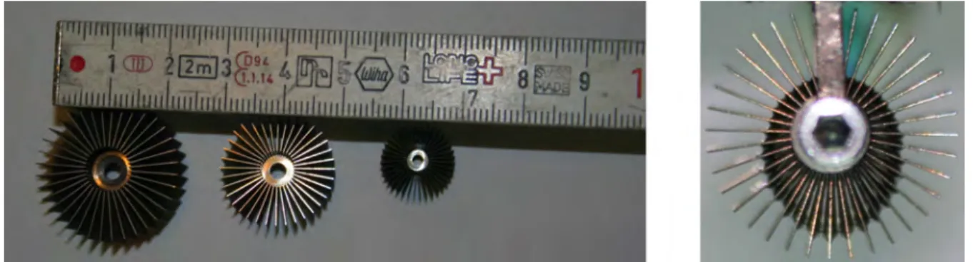 Figure 1. Miniaturization of the titanium sponges: different scale sponges (on the left side) and microgravity experi- experi-mental behavior (on the right side).