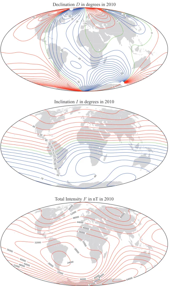 Figure 1. Maps of the magnetic declination D (top, units are degrees), inclination I (middle, units are degrees) and total intensity F (bottom, units are nT) at the Earth’s surface in 2010 from the new field model IGRF 2010.0