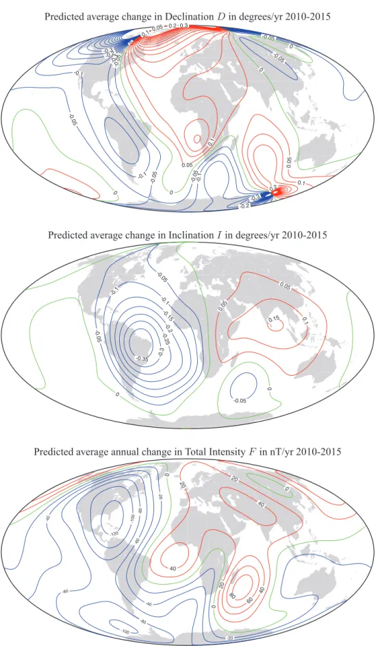 Figure 2. Maps of the predicted rate of change per year in the declination D (top, units are degrees yr − 1 ), the inclination I (middle, units are degrees yr − 1 ), and total intensity F (bottom, units are nT yr − 1 ) at the Earth’s surface for the interv
