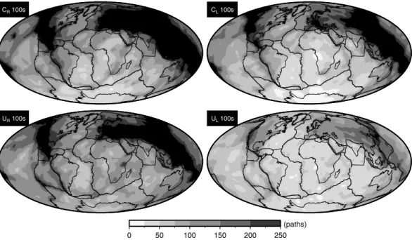 Figure 1. Path density coverage. Color scale indicates number of paths per unit area ( 2 ◦ × 2 ◦ cell at the equator), cells are saturated at 250 paths