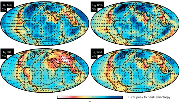 Figure 3. Two-dimensional regionalization. Color scale indicates the perturbation of isotropic velocity with respect to the PREM (the maximum range of the scales are indicated beneath each subtitle)