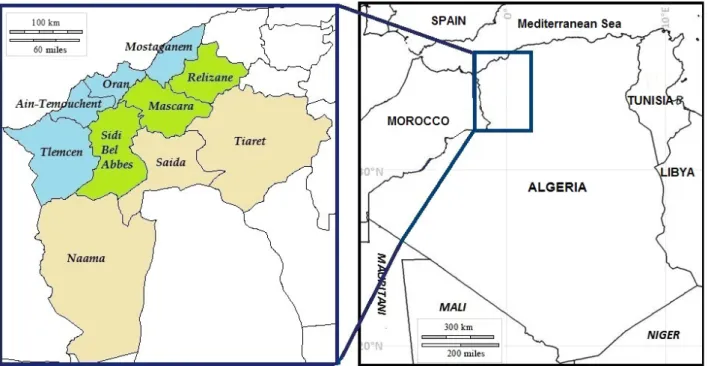 Figure 1 Sampling area in western Algeria. Three agro-ecological regions and ten administrative divisions