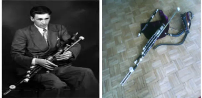 Figure 1: a) Seamus Ennis, a renowned piper, playing here around the mid-1950s. b) A C-pitch full-set Uillean pipe,