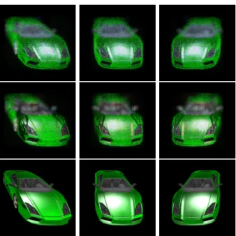 Figure 5: Scene images numerically reconstructed from the CGHs patterns generated by the  diffuse-only version of the method (first row) and by the proposed method (second row), captured from  differ-ent viewpoints