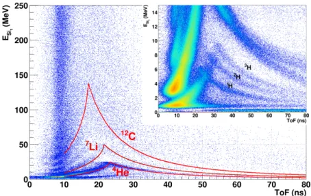 Fig. 2. – E − T oF correlation for a typical ﬁrst layer silicon detector during the ﬁrst FAZIA experiment