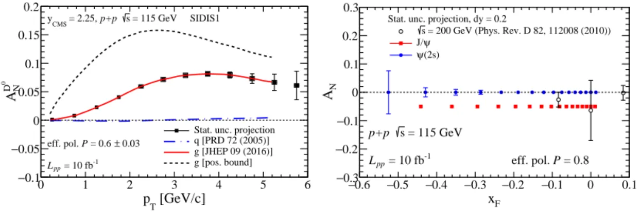 Figure 4: Left panel: Projections for D 0 meson A N in p+ p ↑ collisions at √