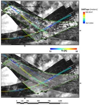 Fig. 1. PC1 and PC2 SAR mosaic and beam 3  high-resolution  radiometry  of  Hotei  Arcus  T41-T43-T121