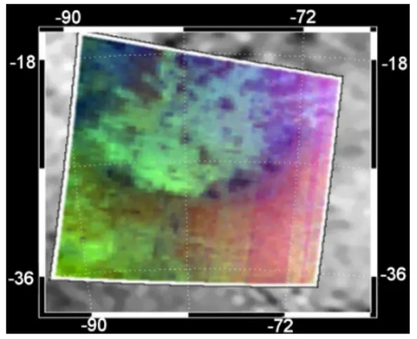 Fig.  2.  VIMS  cube  (R  =1.59/1.27µm,  G=2.07/1.27µm,  B=1.27/1.08µm)  of  Hotei  Arcus at T47