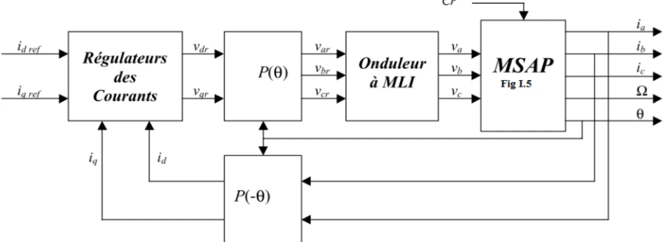 Fig. 1.8 - Schéma global de la commande vectorielle du MSAP  I.8.2. Les différents types de la commande vectorielle du MSAP 