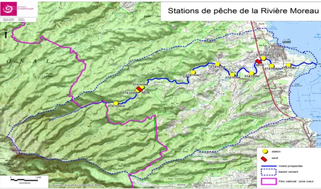 Figure 1 : Localisation des ouvrages et des sites de pêche sur la rivière de Moreau de la commune de Goyave