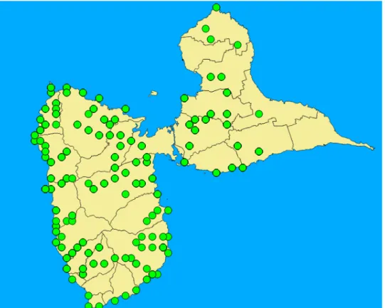 Fig. 9.  Répartition de l’ensemble des stations étudiées sur la Grande-Terre, la Basse-Terre et les ilets à  Kahouanne et Pigeon