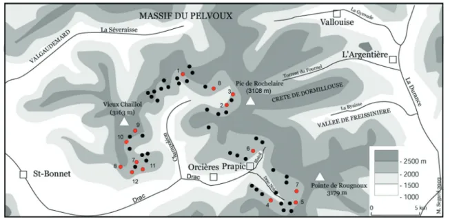 Fig. 16.2. Survey (black dots) and excavation (red dots) of pastoral sites in High Champsaur (France) since 1999: 1) Lac des Lauzons  (2,190 m); 2) Cabane des Rougnous (2,075 m); 3)Cheval de Bois (2,375 m); 4) Pré Brunet (2,050 m); 5) Cabane de la Barre (2