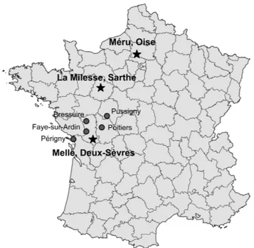 Fig. 1: Location of the three studied glass workshop and the sites  where the beakers from Melle have been discovered