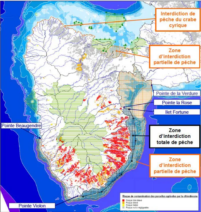 Figure 2 : Carte des zones d’interdiction et de restriction de pêche (d’après l’arrêté  préfectoral  de 2013) .