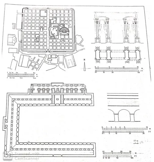 Fig N° 41 plan de la ville de Timgad, à droite élévation et plan de l’arc de Trajan, en bas cryptoportique   Source (Stierlin, 1977, p77)  