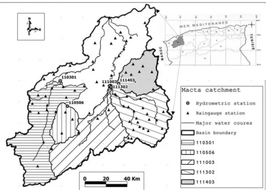 Fig. 1 Location of the Macta basin, major rivers and hydrometric catchments studied.