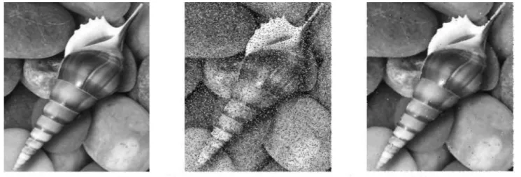 Figure I.2 application du filtre median, (a) : image d’origine, (b) : image bruitée (poivre et  sel), (c) : filtre 3×3.