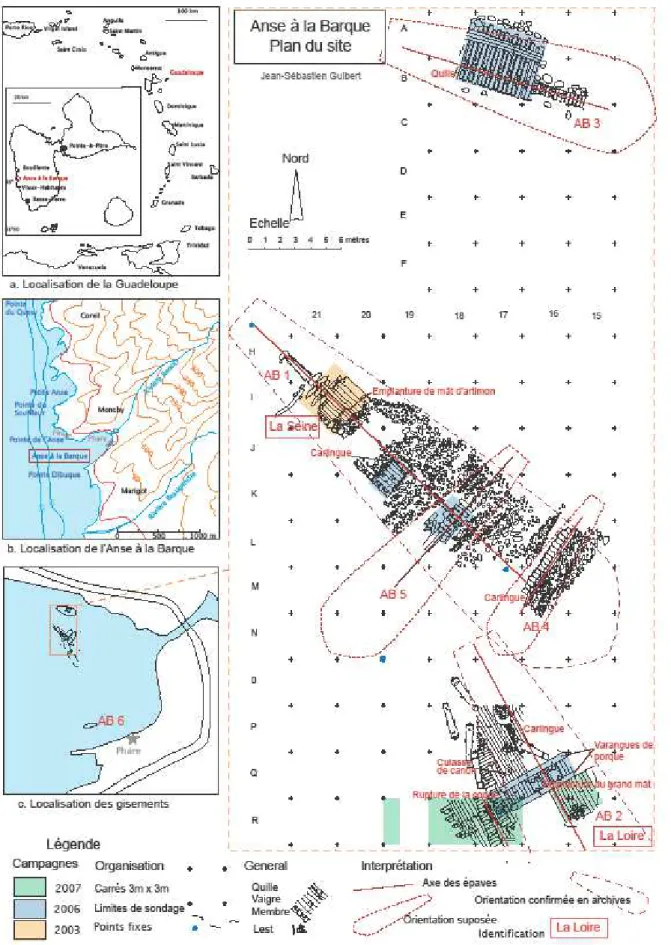 Fig.  1 :  Plan  du  site    -  a.  Localisation  de  la  Guadeloupe,  b.  Localisation  de  l’Anse  à  la  Barque,  c