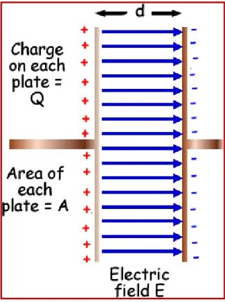 Fig II.19: Les lignes de champ produites par deux plaques métalliques chargées. 