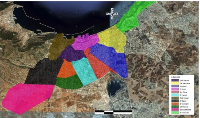 Figure 3. Répartition des secteurs urbains sur la commune d’Oran (source AND, 2010). 