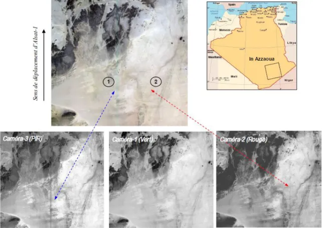 Fig II.6 : Anomalies sur l’extrait de l’image de la Région d’In Azzaoua (3600x3336 pixels)   C’est  une  composition  colorée  des  3  canaux  du  Banc-1  (Vert,  Rouge,  PIR)  globalement  de  bonne  qualité,  mais  qui  présente  quelques  défauts  appar