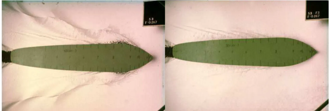 Figure 1.58 – Effet du bulbe sur les vagues de proue, d’apr`es [Inui, 1964] - gauche : sans bulbe, droite : avec bulbe.