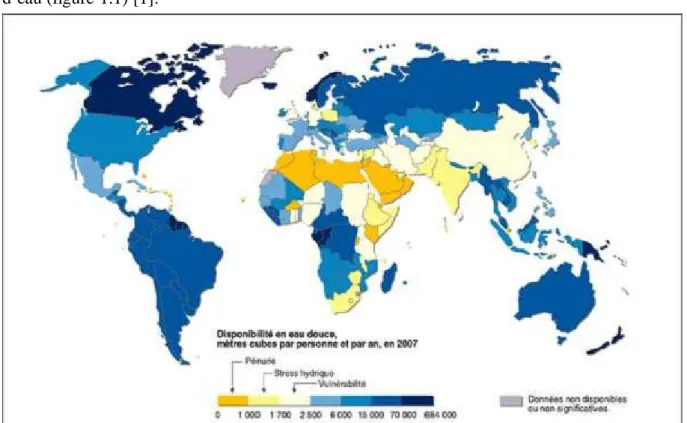 Figure 1.1 Disponibilité en eau douce dans le monde [2]
