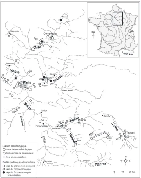 Figure  1.  Carte  de  localisation  des  études  palynologiques  tardi-et-postglaciaires  du  Bassin  parisien  avec  individualisation des séquences couvrant l’âge du Bronze et des profils intégrés à la modélisation.